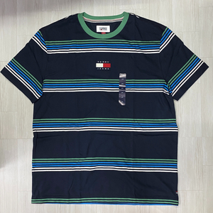 TOMMY HILFIGER USA正規品 【L】 TommyJeans トミージーンズ TJ ストライプ バッジロゴ 90s オーバーサイズ Tシャツ ネイビー (R4F-11)