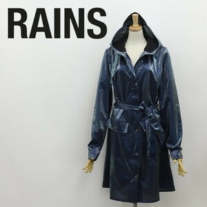 ◆RAINS レインズ ベルト付 光沢 フード フーディ レイン コート ブルー S