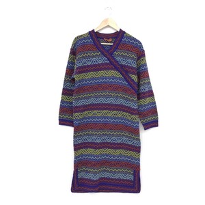 良好◆MISSONI ミッソーニ ニットワンピース 大きいサイズ44◆ マルチカラー ウール混 レディース 総柄 サイドスリット ロング丈