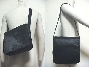 未使用:ANNE KLEIN(アンクライン).ハラコ レザー ショルダーバッグ(黒/上質.毛付き.牛革/フラップ式/H27W26D6/5351 lgb shellac type)