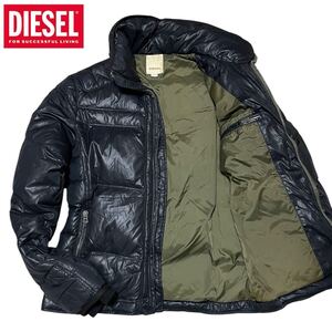 【XLサイズ 】DIESEL ダウンジャケット 濃紺 袖ロゴ ネイビー ディーゼル ジップ ライダース キルティング メンズ アウター 収納フード LL 