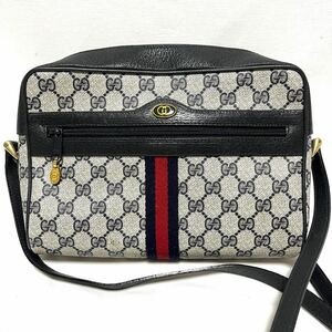 ★レア★オールドグッチ ショルダーバッグ GG柄 斜め掛け PVC レザー GUCCI グレー　ネイビー GGスプリーム　ヴィンテージ　中古　リユース