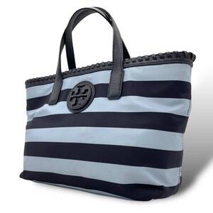 美品 TORYBURCH トリーバーチ トートバッグ ロゴ ハンドバッグ ストライプ 白黒 S62