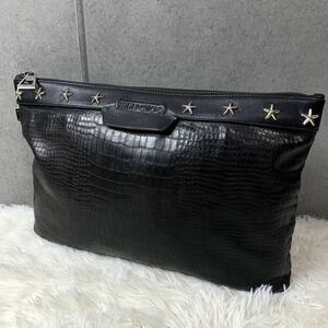 極希少/クロコダイル ●JIMMY CHOO ジミーチュウ メンズ セカンドバッグ クラッチ スタースタッズ 裏地迷彩 カモフラ ブラック 黒 レザー