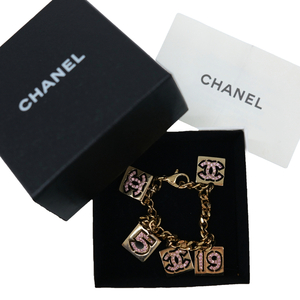 【美品】CHANEL シャネル チェーン ブレスレット ココマーク ヴィンテージ メタル ゴールド ピンク 02P マメ付 アクセサリー 小物