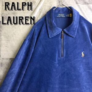 希少 美品 現行 POLO RALPH LAUREN ポロラルフローレン コーデュロイ ハーフジップ スキッパー スウェット ポニー刺繍ロゴ ブルー 青 L