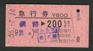 A型急行券 (日)札幌発行 200kmまで 昭和50年代（払戻券）