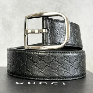 最高級【美品】GUCCI グッチ メンズ ベルト GG柄 マイクロシマ レザー 本革 ブラック 黒 シルバー金具 ロゴ刻印 総柄 ビジネス 紳士 箱付き