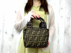 極美品 FENDI フェンディ ズッカ ミニバッグ ハンドバッグ ナイロンキャンバス×レザー 茶 75235Y