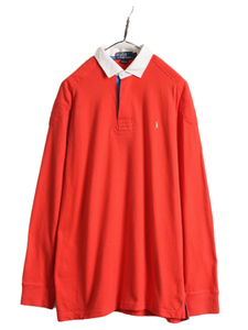 90s ■ ポロ ラルフローレン 長袖 ラガー シャツ メンズ M 90年代 オールド POLO ラグビーシャツ ワンポイント ヘビーウェイト 赤 オレンジ