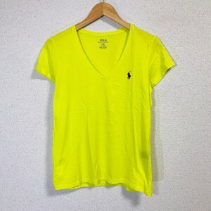 h1194dL POLO RALPH LAUREN ポロラルフローレン サイズL/G Vネック 半袖Tシャツ カットソー イエロー ネオンカラー レディース 綿100% ロゴ