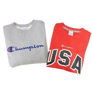 チャンピオン CHAMPION 2点 Tシャツ トレーナー ロゴプリント ロゴ刺繍 長袖 L グレー 赤 レッド ■GY99 メンズ