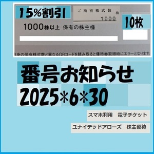 10枚-番号等お知らせ-ユナイテッドアローズ-優待15%割引券（クロムハーツ等）オンラインストア でもご利用可　25*6*30 　優待で頂き新品