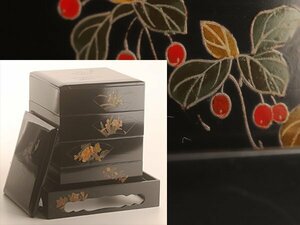 【琴》送料無料 木製漆器 黒塗扇面蒔絵 四段重箱 台付 箱付 WK946