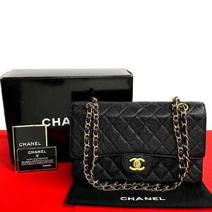 未使用保管品 カード シール有 箱 袋付き CHANEL シャネル マトラッセ キャビアスキン Wフラップ チェーン ショルダーバッグ 黒 24271