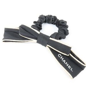 95465★1円スタート★CHANEL シャネル 未使用品 シュシュ リボン 大型 ロゴ シルク100% ヘアアクセサリー シルク ブラック