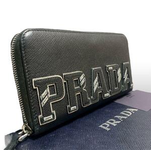 極美品 プラダ PRADA 長財布 ラウンドファスナー サフィアーノレザー パッチワーク ビッグロゴ メンズ ブラック