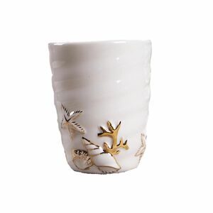 ペン立て 箸立て 花瓶 マリン風 貝殻 ホワイト×ゴールドの装飾 陶器製