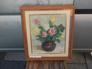 真作 油絵 油彩画 風景画 静物画 ばら 薔薇 バラの花 サイン：加藤義雄 1954年作 真筆保証 肉筆画 木製額 額装 額 額縁 ８号