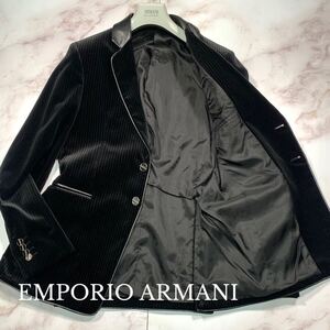 希少XL●EMPORIO ARMANI エンポリオアルマーニ レザー切替 ベロア ストライプ アンコン カジュアル ジャケット 50 ロゴ釦 黒タグ 本革 伊製