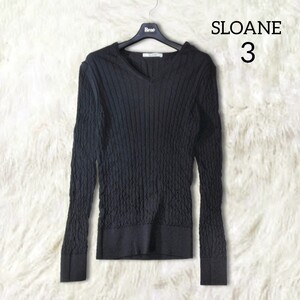 24 美品 【SLOANE】 スローン ウール100％ リブニット セーター 日本製 3 L 紺色 ネイビー 長袖 Vネック タイト 無地 シンプル レディース