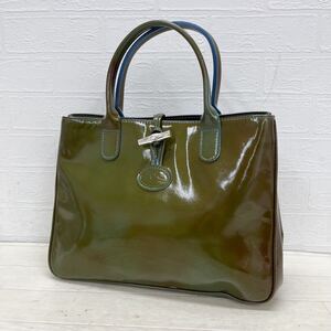 和524★③ LONGCHAMP ロンシャン エナメル パテントレザー ハンドバッグ カーキ レディース