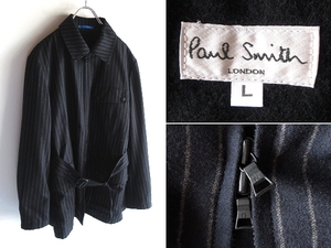 希少 90sビンテージ Paul Smith LONDON ポールスミス ベルト/チンスト付 裏フリース ウール チョークストライプ ジップコート ジャケット L