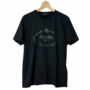 プラダ PRADA ロゴ刺繍 Tシャツ 半袖 カットソー XL 黒 ブラック レディース