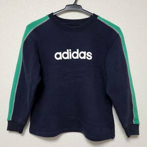 adidas アディダス 子供用 長袖トレーナー 140サイズ 綿100 丸首ロゴプリント トップス 濃紺×緑色系 ネイビー カットソー 男の子用 子供服