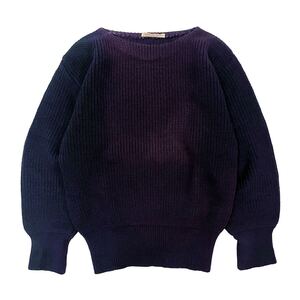 【30s】Vintage Boat Neck Knit Wool Sweater ヴィンテージ ニット セーター ウール 茄子紺 リブ長 手編み USA製