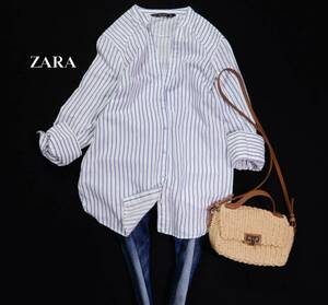 ザラ ZARA BASIC 大人カジュアル☆ リネン コットン 麻 綿 ストライプ シャツ XS