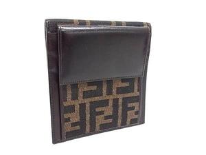 1円 ■極美品■ FENDI フェンディ ズッカ柄 キャンバス×レザー 二つ折り 財布 ウォレット レディース メンズ ブラウン系 BI9445