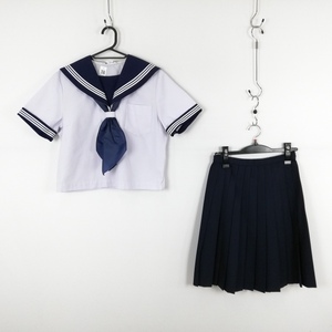 1円 セーラー服 スカート スカーフ 上下3点セット 大きいサイズ 富士ヨット 夏物 白3本線 女子 学生服 中学 高校 白 中古 ランクB EY9806