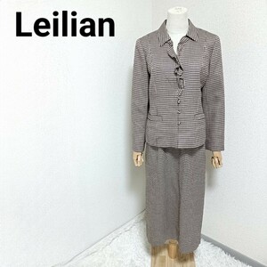 レリアン Leilian 美品 スカートセットアップ ジャケット タイトスカート 千鳥格子柄 総柄 茶色 ブラウン 毛 絹 13 XL レディース