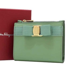 【送料無料】【本物】SalvatoreFerragamo★フェラガモ★コンパクトウォレット★ヴァラリボン★レザー★グリーン★22E009★レディース★