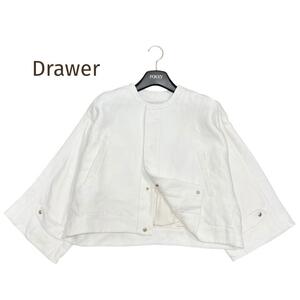 ☆Drawer☆ドゥロワー リネンブレンド ワイドスリーブノーカラージャケット ホワイト白 サイズ36