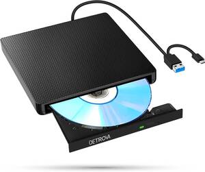 CD DVDドライブ 外付け cdドライブ【 USB3.0&Type-C両用ケーブル　 外付けDVDドライブ Windows/Linux/Mac OS 内蔵ケーブル 薄型 軽量