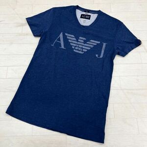 1434◎ ARMANI JEANS アルマーニ ジーンズ トップス カットソー Tシャツ ビック ロゴ プリント カジュアル ネイビー メンズUSA(XS)