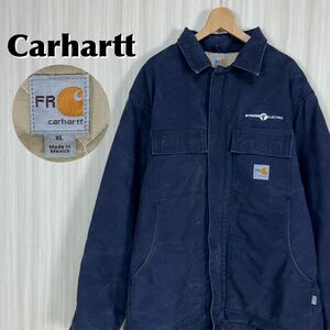 ☆希少☆メキシコ製☆ Carhartt カーハート FRシリーズ 企業ロゴ 中綿入 ダック トラディショナルコート ジャケット XL 濃紺 ネイビー 古着