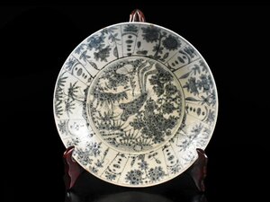 【雲】某名家収蔵品 中国古玩 唐物 呉須染付花鳥紋大皿 飾皿 直径38cm 古美術品(旧家蔵出)AJ747 JTjfng