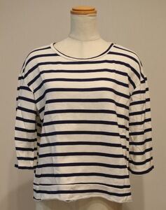 ZARA ザラ カットソー Tシャツ 七分袖 切りっぱなしデザイン ボーダー Mサイズ 白ｘネイビー ドロップショルダー ymdnrk k2h0317