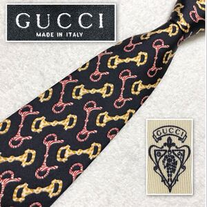 ■美品■GUCCI グッチ　ネクタイ　ホースビット　総柄　シルク100% イタリア製　ブラック　ビジネス