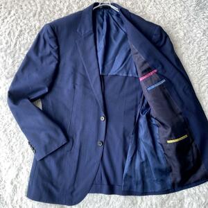 希少L2美品◎Paul Smith ポールスミス シルク 絹 テーラードジャケット 裏地縁 花柄 春夏 背抜き ストライプ ネイビーブルー 紺青