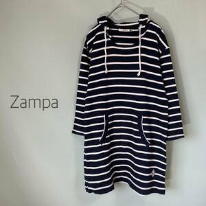 ◎Zampa Organi ザンパ　七分袖チュニックカットソー　パーカカットソー　フーディー　Mサイズ　ボーダー柄　ネイビー×白色