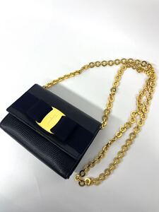 【JL5-5099】Salvatore Ferragamo チェーンショルダーバック ヴァラリボン ブラックレザー ネイビー×ゴールド １円スタート