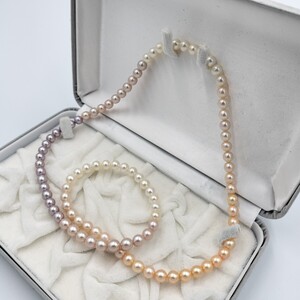 【テリ抜群!!】マルチカラー パール ネックレス 6.5mm〜7mm 64cm 本真珠 40.1g pearl jewelry necklace ホワイト ブルー ゴールデン