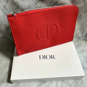 レア 未使用本物 christian dior L字ファスナー ポーチ レッド シルバー 布地 キャンバス 赤 コスメポーチ フラットポーチ ノベルティ 