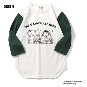 【S】袖グリーン　HOUSTON ヒューストン PEANUTS BASEBALL TEE THE GANG