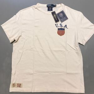 未使用タグ付！ポロラルフローレン 2012年ロンドンオリンピック アメリカチーム公認 星条旗ワッペン Tシャツ サイズL オフホワイト レア！