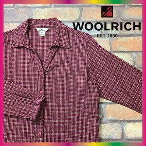 ME8-896★USA古着★海外正規品★【WOOLRICH ウールリッチ】チェック柄 長袖 お洒落 スキッパーシャツ【レディース L】ピンク エンジ 開襟